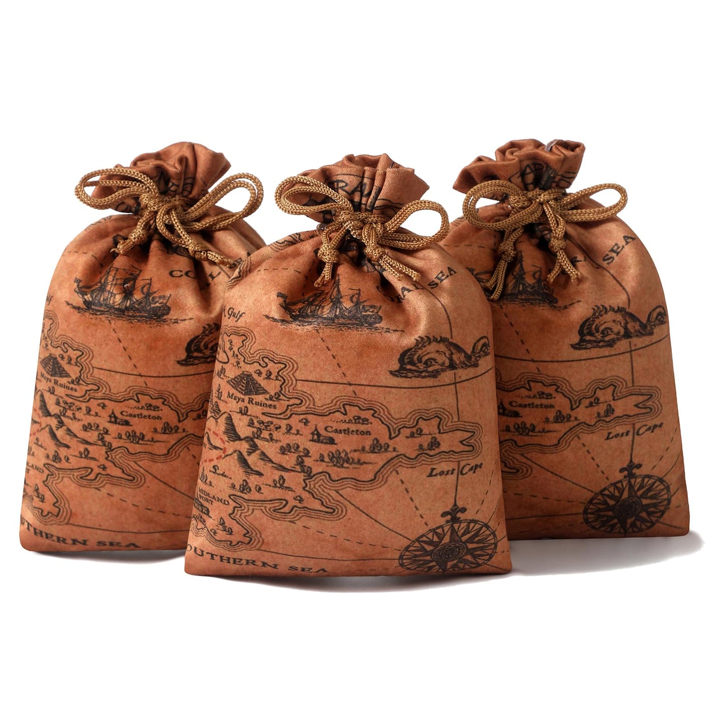 RICHNESS 16pcs Pirate Party Favor Bags Treasure Map Bag with Drawstring Closure Satin Party Loot Bags 4.5X6 Inches Goodie Bags