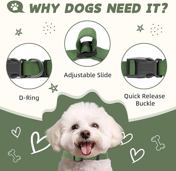 Olive Green Medium Dog Collar, Adjustable Rayon Derived from Bamboo & Polyester, Quick Release Buckle, for Small/Medium Dogs