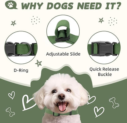Olive Green Medium Dog Collar, Adjustable Rayon Derived from Bamboo & Polyester, Quick Release Buckle, for Small/Medium Dogs