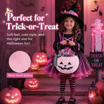 RattanView 2 Pack Halloween Pumpkin Candy Bucket Pink Lantern Treat Bag 8 x 6.3 Inch Trick or Treat Basket with Embroidered Face Striped Bow Handle for Halloween Costume Accessories Candy Gift Bag
