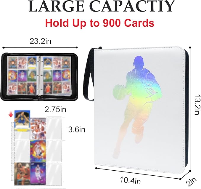 900 Pockets Basketball Card Binder, Trading Card Collector Album with Removable Sleeves, Waterproof Storage Book, Compatible with Sports Cards 2024 2025 2026(laser silver hot stamping)