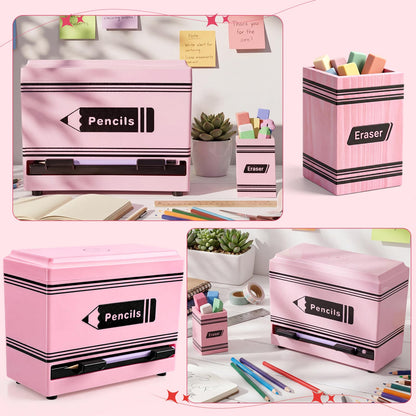 Gueevin 2pcs Pencil Dispenser for Classroom, Fun Desk Organizer with Eraser Holder, Interactive Pencil Storage for Teachers, Students & Homeschool Desk Organizer, Back to School Supplies(Pink)