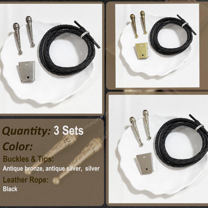 VTOS 3 Sets Bolo Tie Findings Kits with Iron Slide Clasp Buckle, Alloy Replacement End Tips, and Braided Necktie Leather Cord for Men Women
