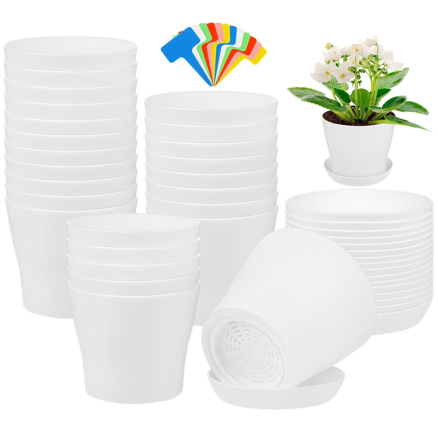 Aodaer 24 Pack 4 Inch Plastic Planters with Multiple Drainage Holes and Tray Indoor Outdoor Flower Plant Nursery Pots with Labels Flower Seedling Pots for Herb Garden Home Succulents, White