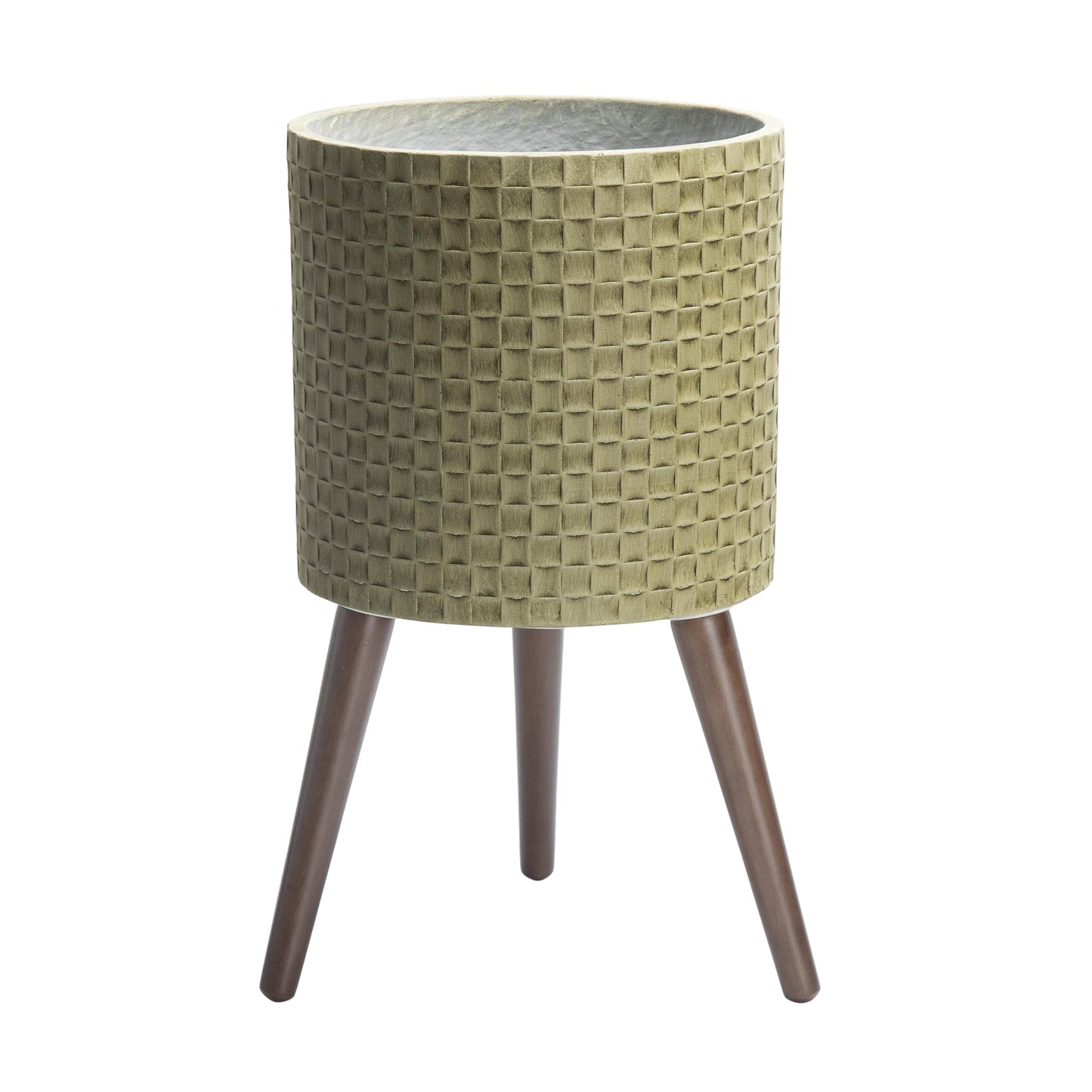 D'vine Dev 12 Inch Modern Geometric Tile Patterned Sleek Planter Pot with Stand, Indoor Outdoor Decorative Plant Holder, Distressed Olive, 88-Z-C-4
