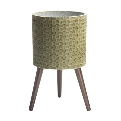 D'vine Dev 12 Inch Modern Geometric Tile Patterned Sleek Planter Pot with Stand, Indoor Outdoor Decorative Plant Holder, Distressed Olive, 88-Z-C-4