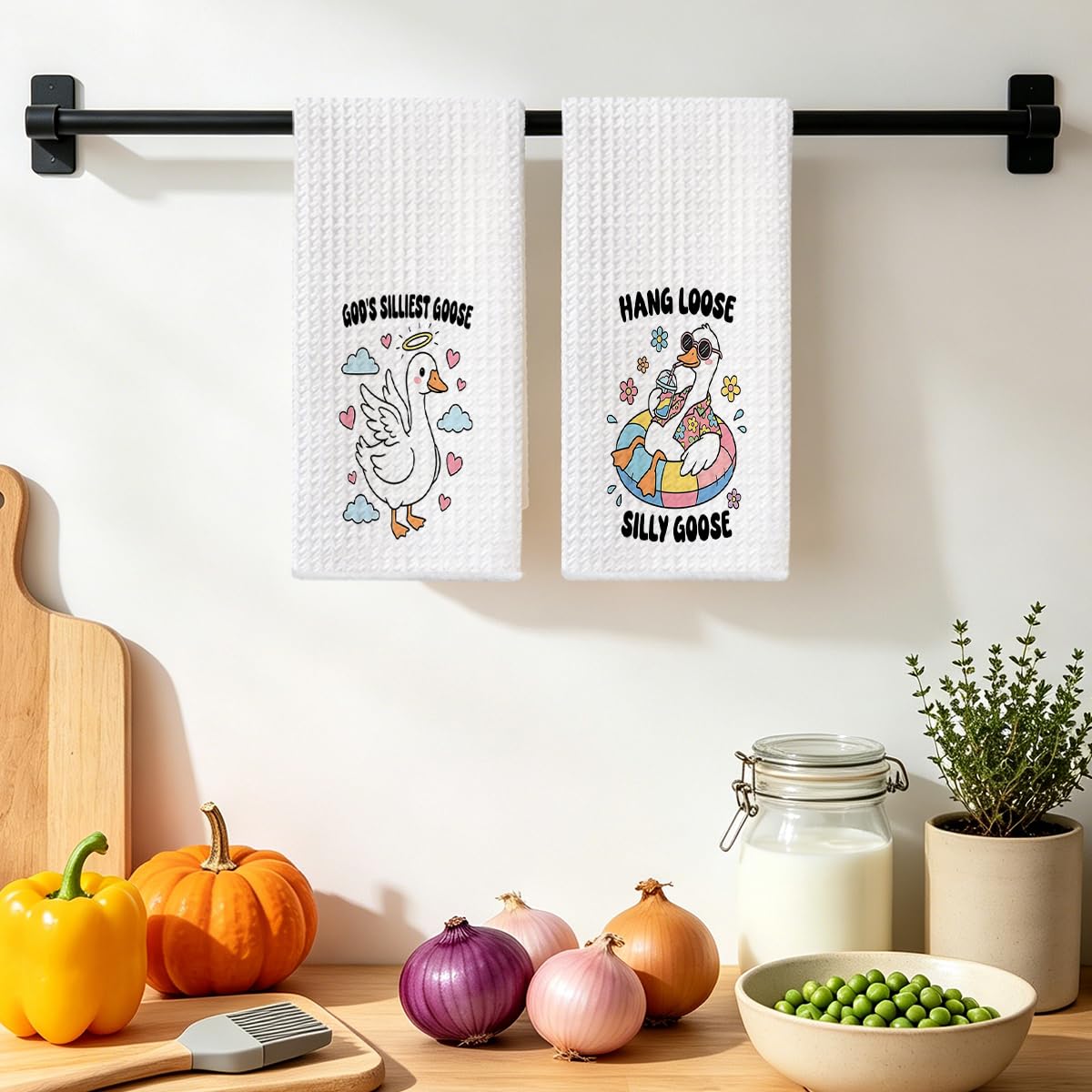Jztco 2 Pcs Funny Silly Goose Kitchen Towels 24x14 Inch, Silly Gooses Gifts Absorbent Hand Tea Towel, Waffle Dish Towels for Kitchen Bathroom Home Decor, Goose Lover Gifts for Women Mom