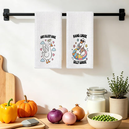 Jztco 2 Pcs Funny Silly Goose Kitchen Towels 24x14 Inch, Silly Gooses Gifts Absorbent Hand Tea Towel, Waffle Dish Towels for Kitchen Bathroom Home Decor, Goose Lover Gifts for Women Mom