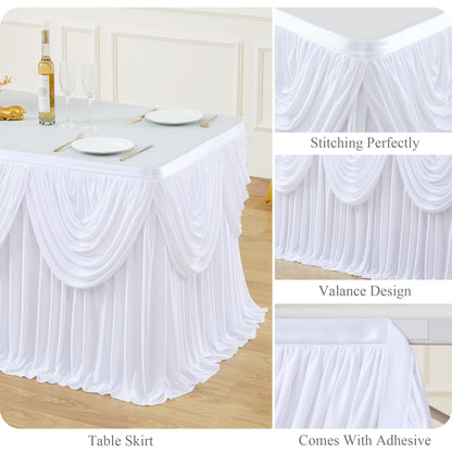 gogoparti White Tutu Table Skirts for Rectangle Tables 6ft Draped Pleated Table Skirt Polyester Tablecloth for Birthday Party Banquet Wedding Baby Shower