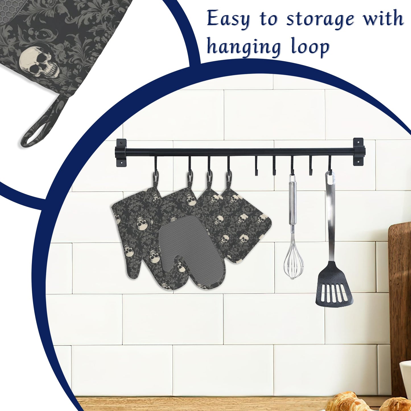 Gothic Black Skull Pot Holders and Oven Mitts Set Silicone Halloween Skulls Kitchen Gloves Potholders Heat Resistant Washable,Chef Cooking Baking Gifts for Women Men Bakers Lover Cooks