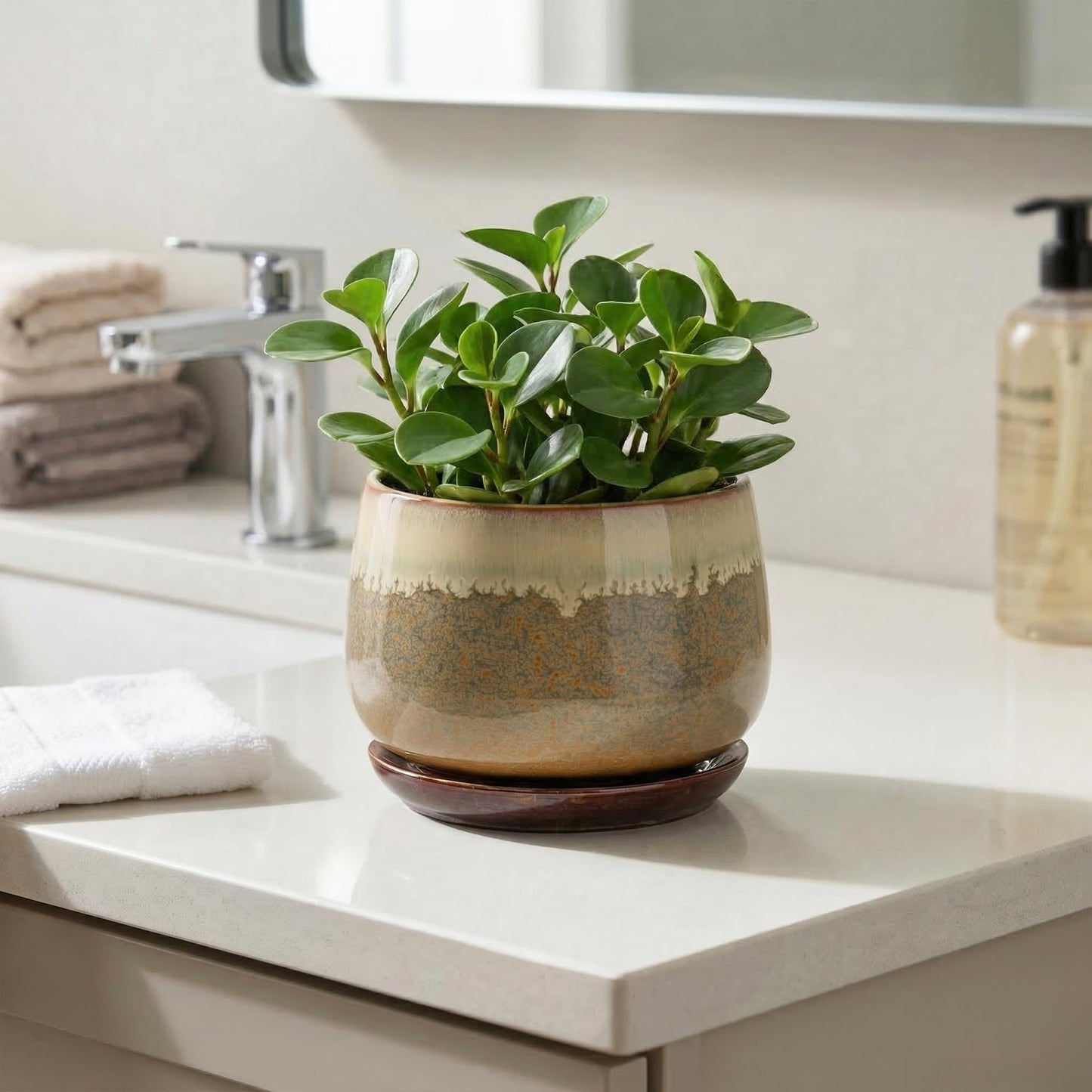 Fivepot Ceramic Pots for Plants - 6 Inch Plant Pot Indoor with Drainage and Saucer, Round Planters for Succulent Snake Plants, Decorative Flower Pot, Home Decor, Plant Lover Gifts, Brown-Beige