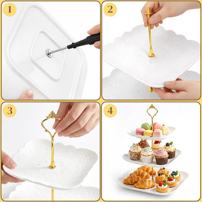 SOUJOY Ceramic Cupcake Stand Set of 2, White Embossed Cupcake Display Holders with Gold Rod, 3 Tier and 2 Tier Square Porcelain Dessert Stands for Birthday Tea Party Wedding Baby Shower