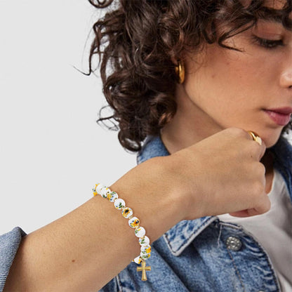 VIBILIA Cross Bracelets for Women, Cross Charm Vintage Jewelry, Sunflower Beaded Bracelet, Gold Handmade Stretch Jesus Baptism Christian Birthday Gifts for Women on Easter Mother's Day, Sunflower