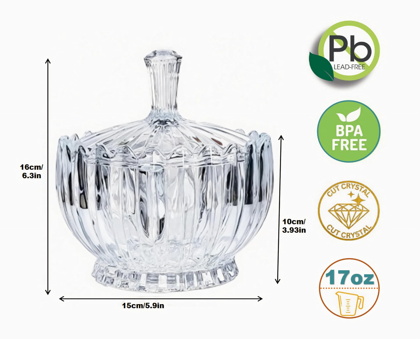 HMFDYHz Glass Candy Dish with Lid, 17oz Crystal Glass Candy Bowl, Classic Fancy Glass Canister for Cookies Nuts Chocolates Fruit,Home Wedding Party Decorative Jar (Clear)