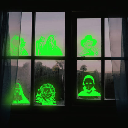 Eartim Halloween Glow In Dark Window Clings - 6Pcs Scary Classic Movie Characters Glowing Decals Seamless Green Luminous Stickers for Halloween Party Decoration Haunted House Window Glass Mirror Decor