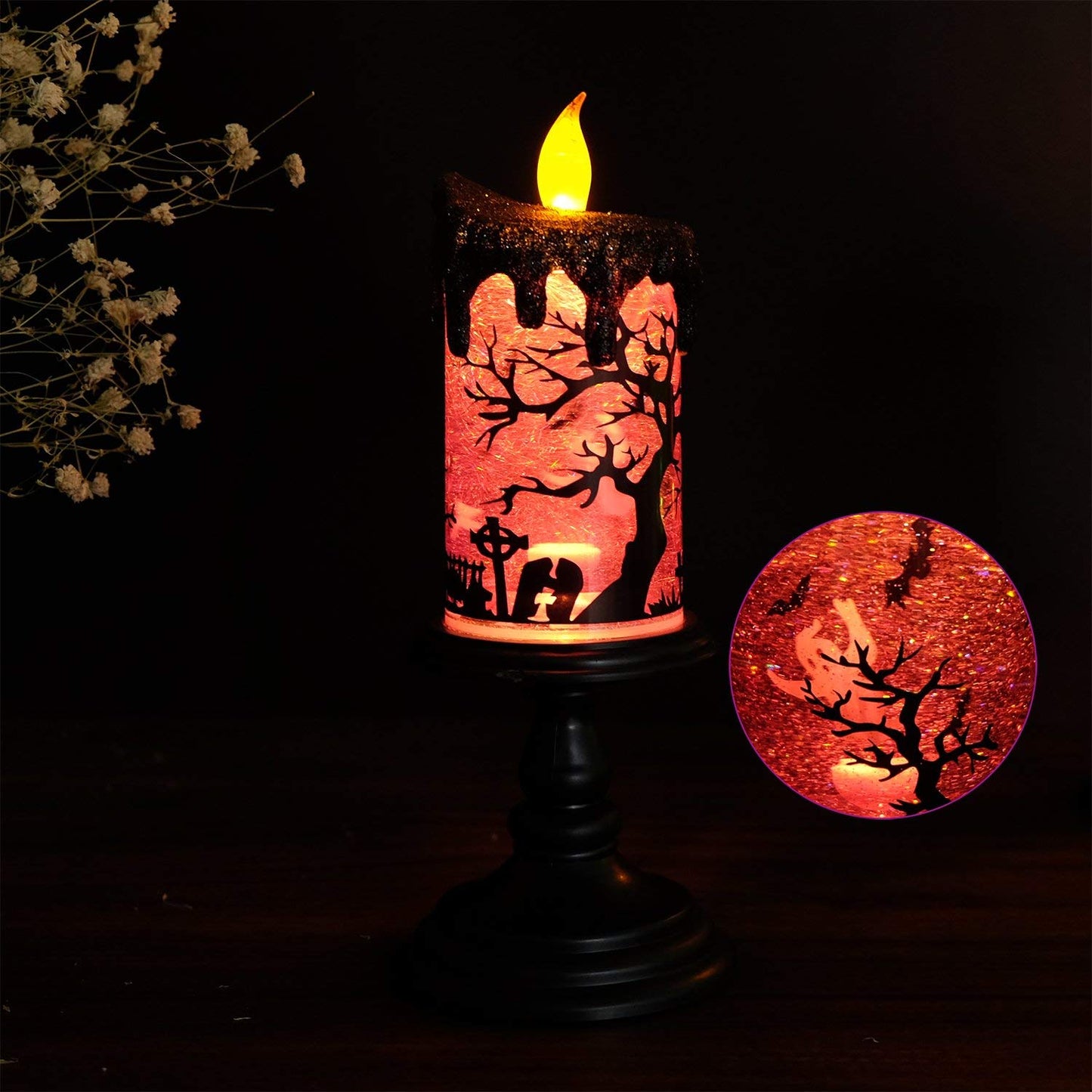 DRomance Halloween Flameless Candle Snow Globe Battery Operated with 6 Hour Timer, Purple Light Ghost Decal Water Tornado Lamp LED Candlestick Halloween Season Decor Gift 4 x 10 Inches