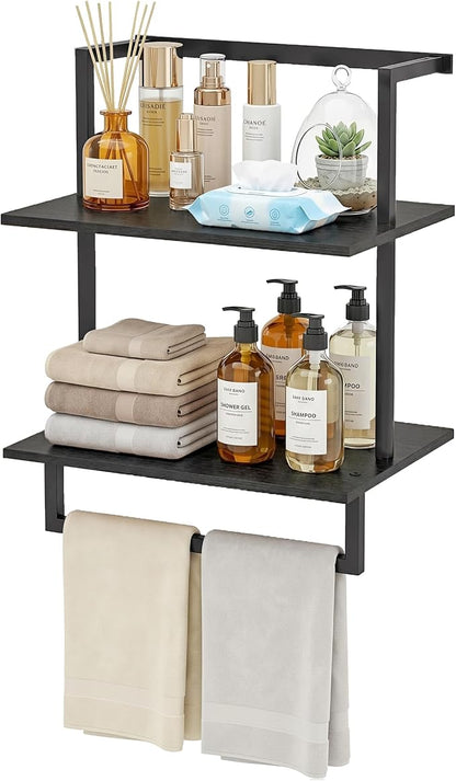 Wall Mounted Towel Rack for Bathroom, Bath Storage Holder 3-Tier Steel Wood Towel Shelf with Bar, Black
