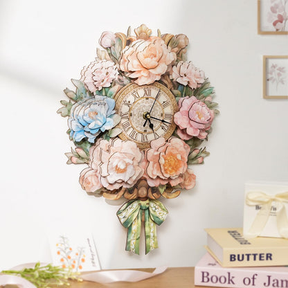 Rnfinewow 3D Wooden Puzzles for Adults, Flower Clock with Pendulum Model Kit, 3D Puzzles for Adults Room Home Decor DIY Wall Clock Kit, Holiday Birthday Christmas Day Gifts for Men Women