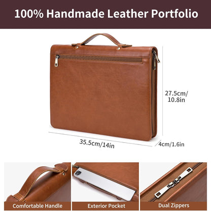 Genuine Leather Portfolio with Hidden Handle, Zippered Front Pocket, Business Padfolio for Men and Women, 8.5 x 11 Legal Pad Notebook Holder, Office Letter Notepad Folio, Oil Tanned