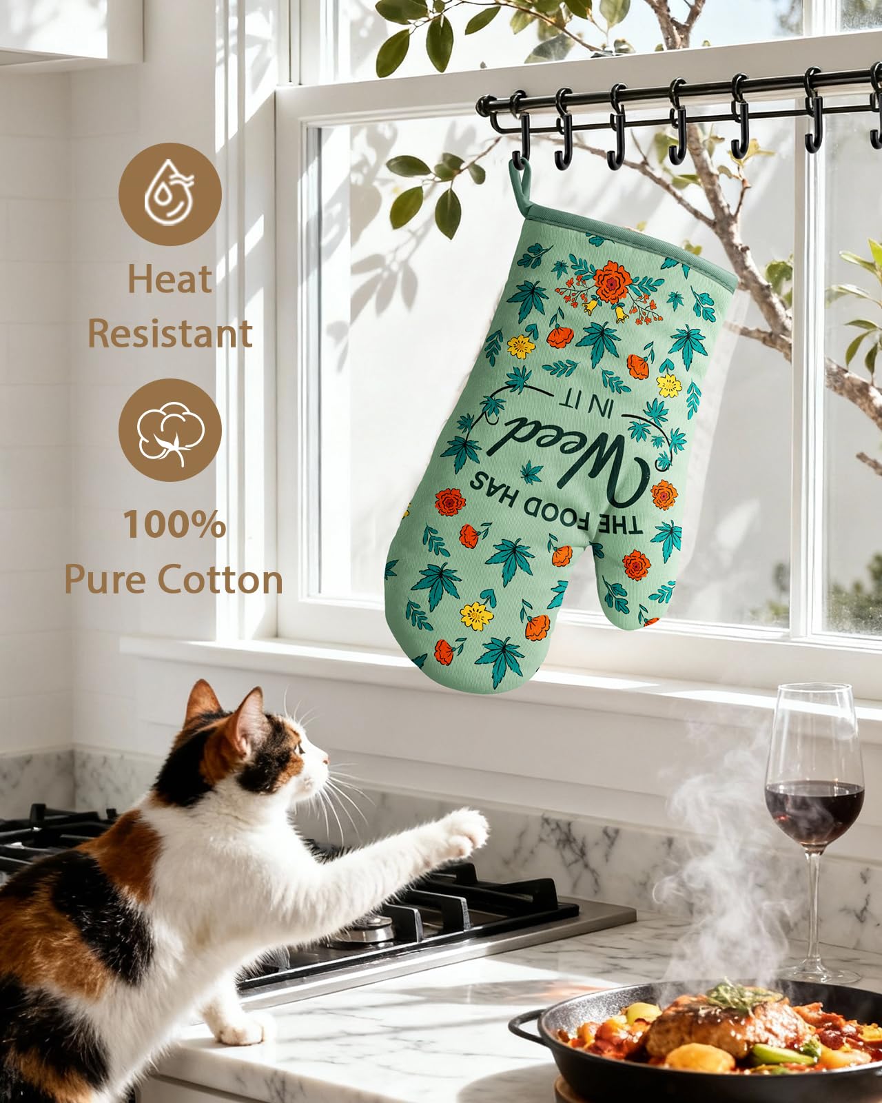 Slohif Funny Oven Mitts and Pot Holder for Women - Heat Resistant Leaf Cute Novelty Kitchen Oven Mittens 100% Cotton, Non-Slip Silicone Surface Pot Holder for Baking and Cooking Accessories