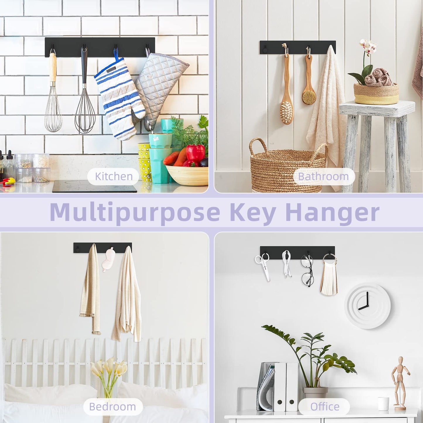 VIS'V Key Holder Wall Mount, Large Adhesive Key Hanger with 4 Hooks, Black