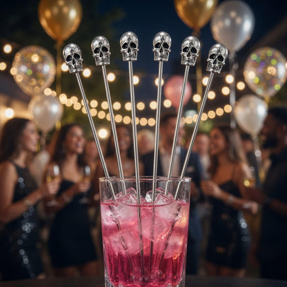 Homestia Skull Swizzle Sticks, 6-Pack 7.5 Inch Stainless Steel Reusable Cocktail Stirrers with Skull Head for Halloween Party Drink Mixer Bar Tools - Dishwasher Safe, Silver