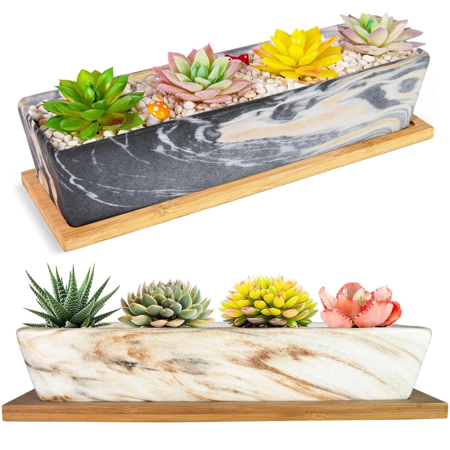 ARTKETTY Succulent Pots - Large Succulent Planters with Drainage Tray, Window Sill Planter, Long Rectangle Ceramic Pots for Indoor Cactus Plants Shallow Bonsai Window Box for Home Garden Decor