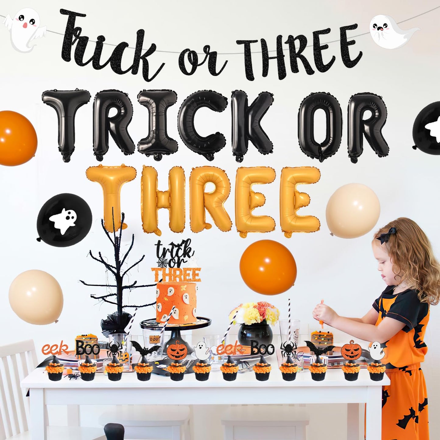 Trick or Three Theme Halloween 3rd Birthday Party Decorations Number 3 Trick or Three Foil Balloons Banner Garland Orange Black Cake and Cupcake Toppers for Halloween 3rd Birthday Party Decor Supplies