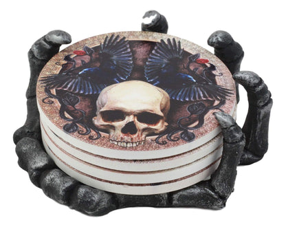 Ebros Gothic Alchemy Clutch of The Dead Skeleton Hand Resin Coaster Figurine Holder with 4 Skull Raven Tile Coasters Set Furniture Protector Ossuary Macabre Halloween Spooky Home Decor Accent