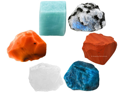 Crystals for Creativity Manifestation, Set of 6 Clear Quartz, Amazonite, Carnelian, Rainbow Moonstone, Red Jasper and Apatite Healing Crystals and Stones