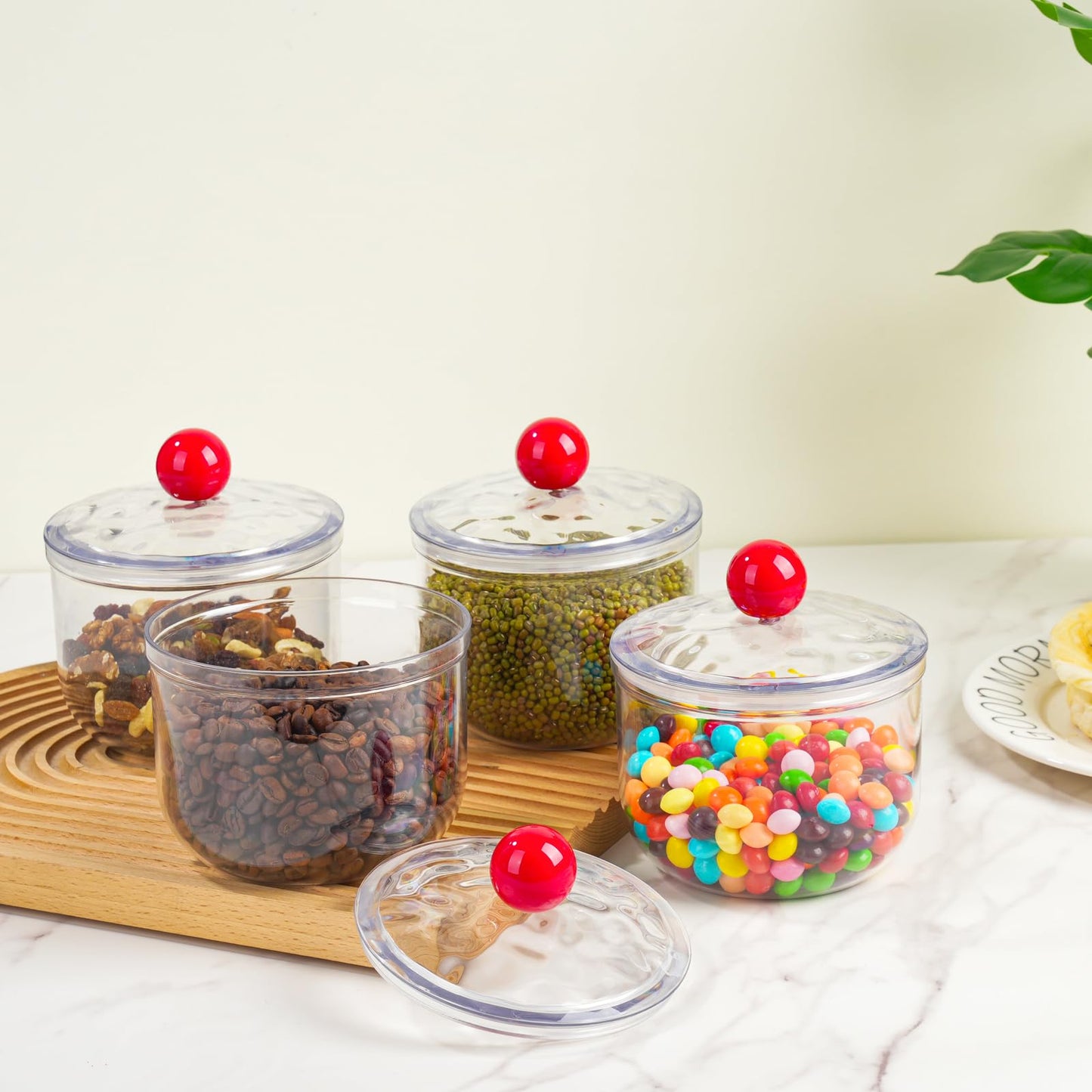 2 Pack Candy Jars with Lids - 30 & 30 OZ Clear Plastic Cookie Storage Containers Airtight Apothecary Canisters for Kitchen Home Decorative Pantry Office Party Organize Sugar Tea Coffee Snacks