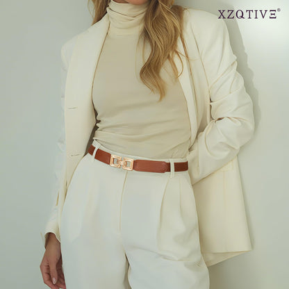XZQTIVE 2 Pack Women Skinny Stretchy Cinch Belt for Dresses, Thin Elastic Belt Ladies Waist Belt with Retro Gold Buckle (Black+Brown) Fit Waist Size 32"-39"