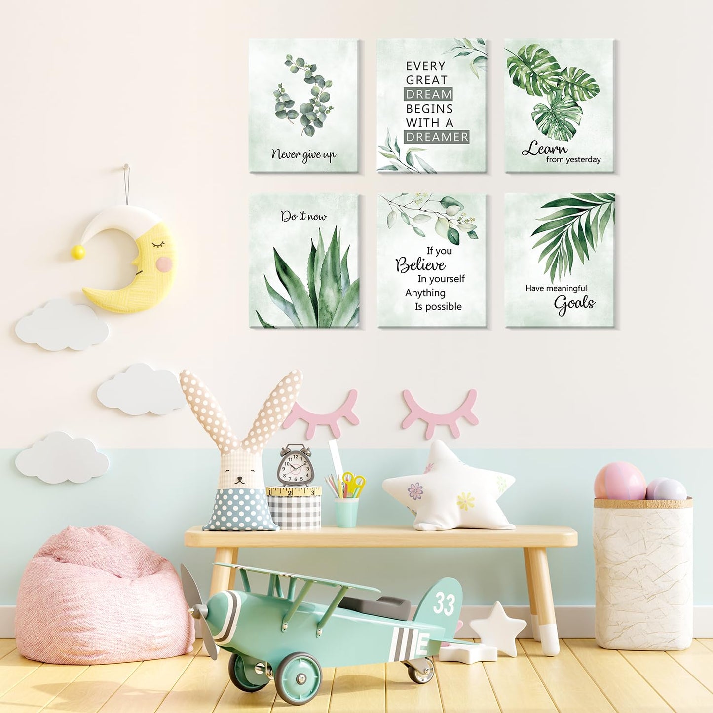 CHDITB Inspirational Plant Art Office Decor, Positive Affirmations Wall Decor, Botanical Canvas Motivational Framed Wall Art,Set Of 6(8x10 Inch) Eucalyptus Leaves Sage Poster For Classroom Home Decor