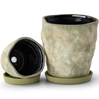 Pkeo Bbun 4+6 Inch Ceramic Planter Set of 2 with Drainage Hole,Saucer for Plants, Indoor-Outdoor Large Round Succulent Orchid Flower Pot- Cement Paint, Inner-pots not Larger Than 5 Inch Light Green