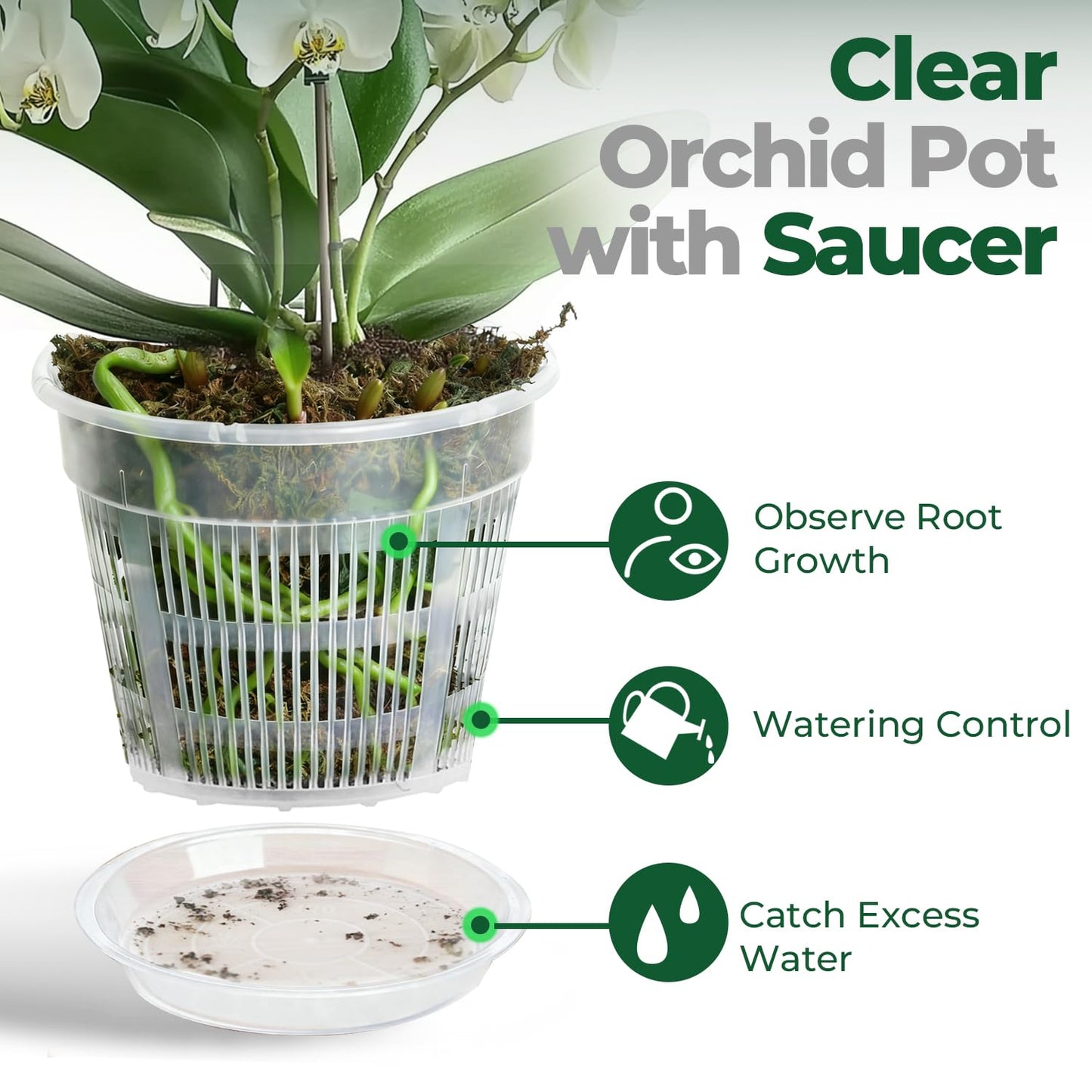 T4U Orchid Pot, 9 Pack Orchid Pots with Holes and Saucers for Repotting, 3 Each of 4.3, 5.5 and 6.3 Inch, Clear Plastic Flower Plant Pot for Indoor Outdoor Plants, Orchids Planter for Root Health