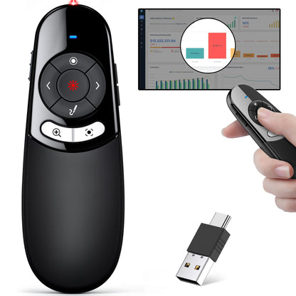 2 in 1 Type C USB Presentation Clicker with Physical and Digital Function, RF 2.4GHz Wireless Presenter Remote PPT Clicker for Computer Presentations, Slide Advancer for Mac Laptop