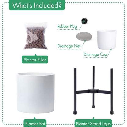 D'vine Dev Mid Century Fiberglass Resin Planter Pot with Iron Stand, 8 inch, Matte White, 96-A-1-S