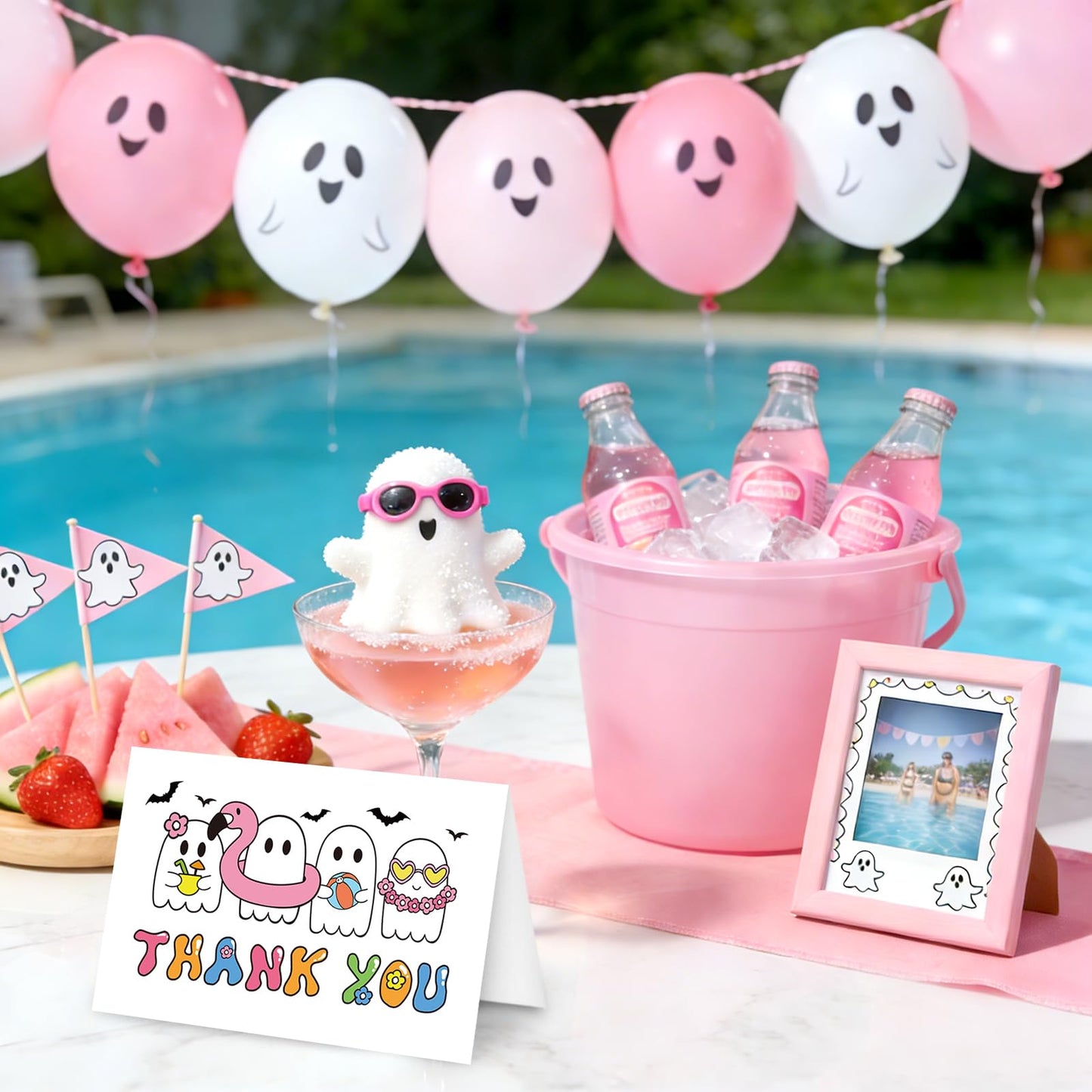 Whaline 24Pcs Summerween Thank You Cards with Envelopes Stickers Blank Greeting Cards Ghost Bat Swimming Ring Note Card for Summer Poor Party Supplies