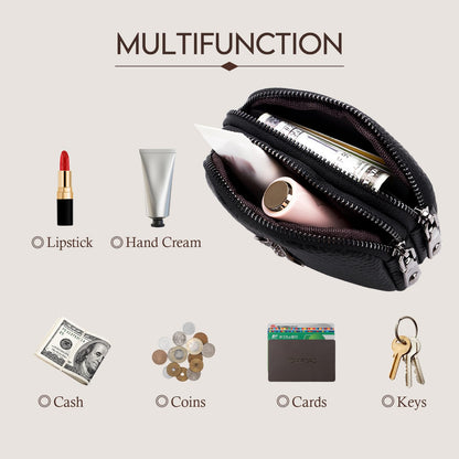imeetu Women Leather Coin Purse, Small 2 Zippered Change Pouch Wallet(Black)