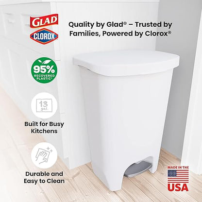 Glad 13 Gallon Trash Can with Clorox Odor Protection | Plastic Kitchen Waste Bin | Hands Free with Step On Foot Pedal and Garbage Bag Rings, White