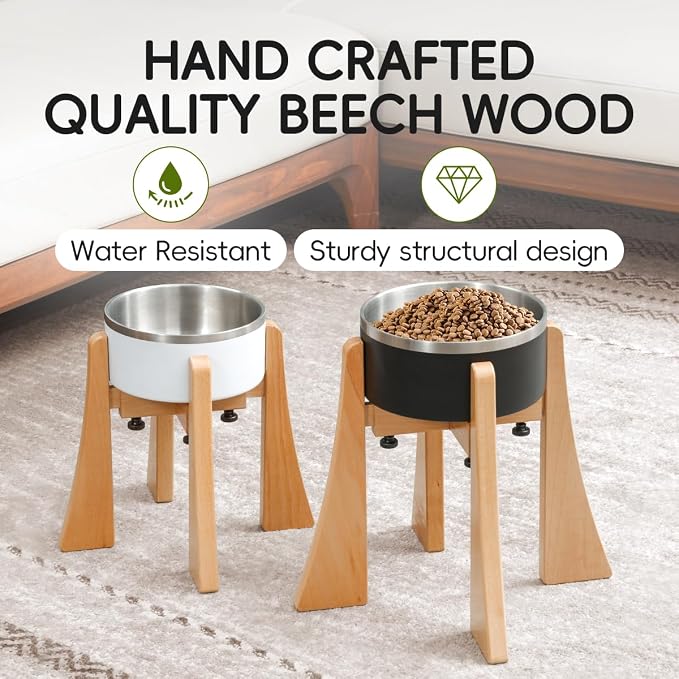 Elevated Bowl Stand 10-inch with Heavy Duty Beech Wood Made, Anti-Vomit Design for Medium Breed, Senior Dogs, Ergonomic Neck Protecting, Adjustable Diameter, Easy Clean Non Toxic
