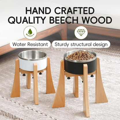 Elevated Bowl Stand 12-inch with Heavy Duty Beech Wood Made, Anti-Vomit Design for Medium Breed, Senior Dogs, Ergonomic Neck Protecting, Adjustable Diameter, Easy Clean Non Toxic