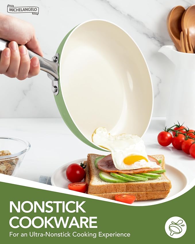 MICHELANGELO Pots and Pans Set Non Stick 8 Piece Ceramic Cookware Set Green | PFAS-Free Green Ceramic Nonstick Cookware Set for Eggs, Fish, Vegetables, Low-Oil Cooking and Induction Ready, Easy Cleanup