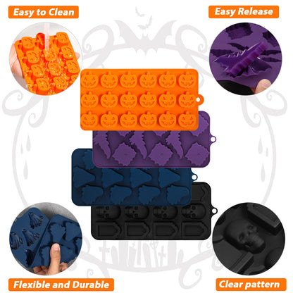 Webake Halloween Chocolate Mold Shaped with Pumpkin Jack-O-Lantern, Skull, Tombstone, Ghost, Bat and Spider, Halloween Silicone Molds for Chocolate, Candy, Ice Cube, Jello, Soap, Pack of 4