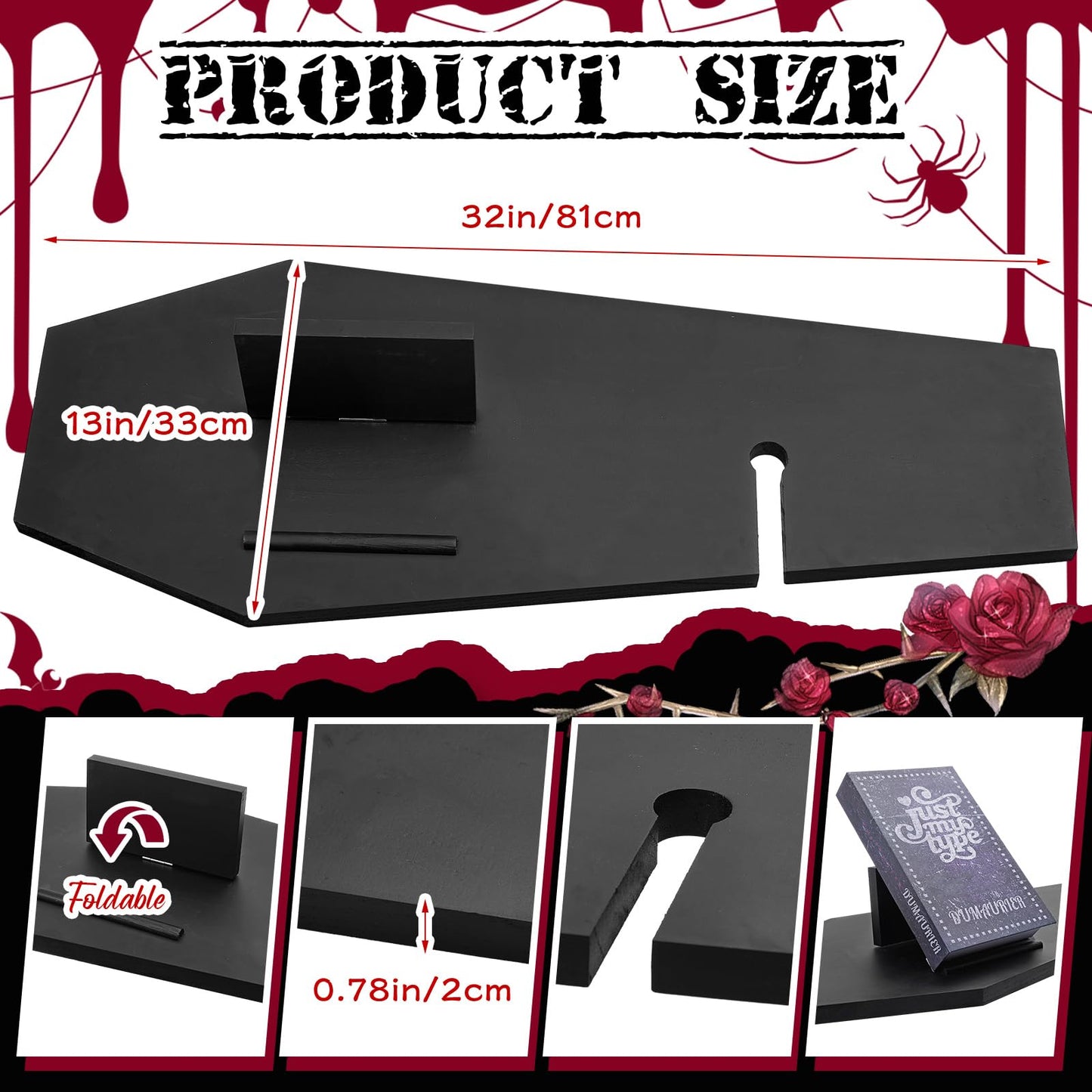 Barydat Halloween Decorations Coffin Bath Tray Gothic Coffin Serving Tray with Tablet Stand Spooky Goth Bathtub Caddy Black Wood Bath Board for Halloween Home Decor Bathroom Accessories