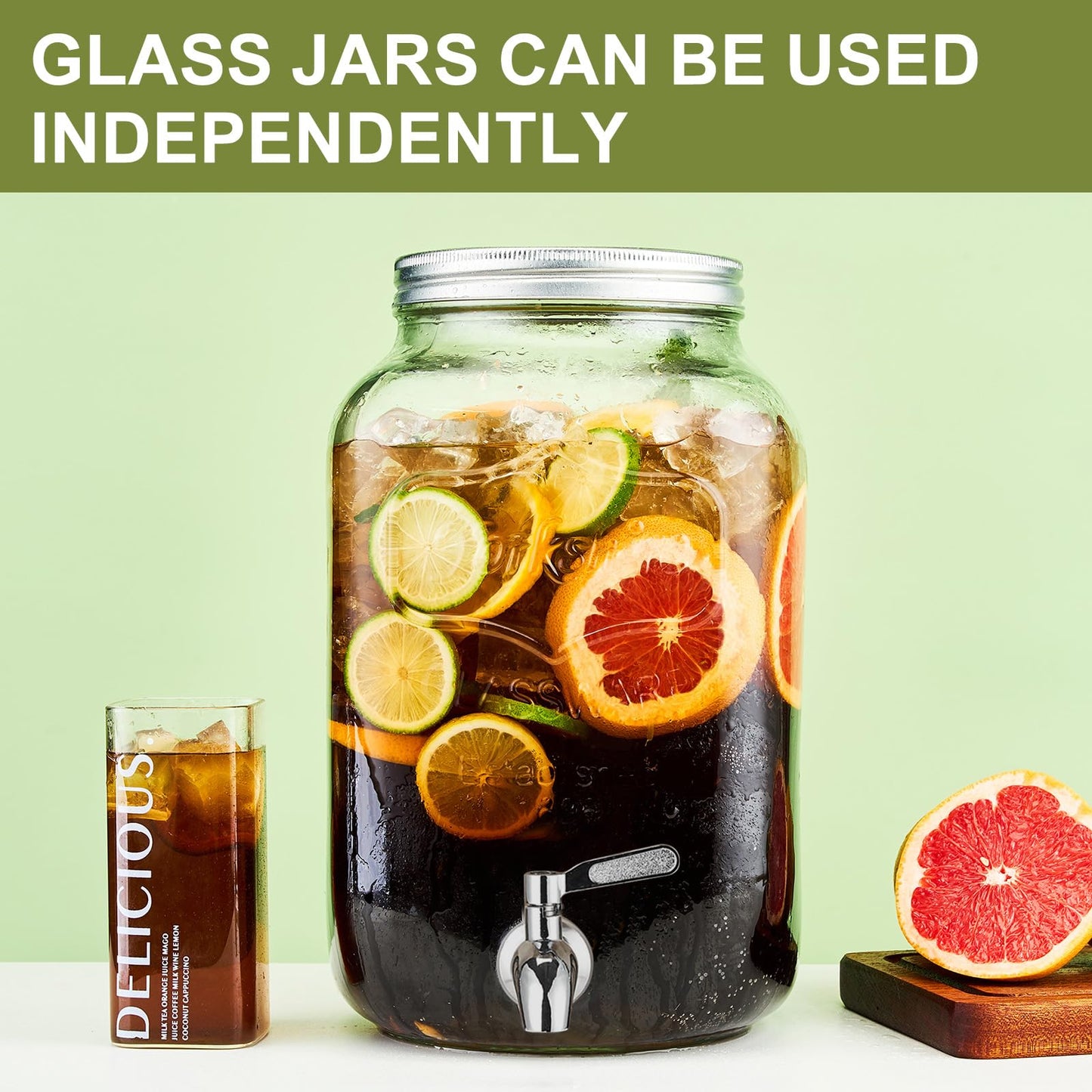 2 Gallon Beverage Dispenser with Stand and Lid, 18/8 Stainless Steel Spigot - Mason Jar Drink Dispensers with Lids, Glass Drink Dispensers for Parties