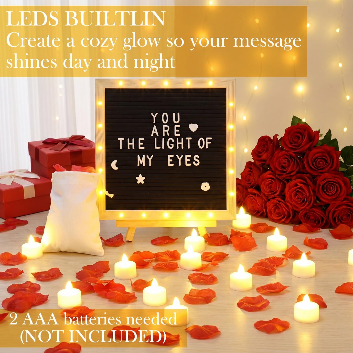 Grinsvalley LED Felt Letter Board with Rose Petals and Candles Set, Word Board with Letters, Artificial Rose Petals Flameless Tea Light Candles for Special Night Wedding Romantic Decorations