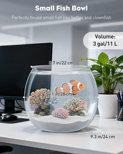 Pawfly Small Plastic Fish Bowl, Clear Round 3 Gallon Fish Tank for Little Fish, Unbreakable Small Fishbowl Desktop Aquarium, Shatterproof Betta Fish Tank Goldfish Bowl, Decorative Globe Vase
