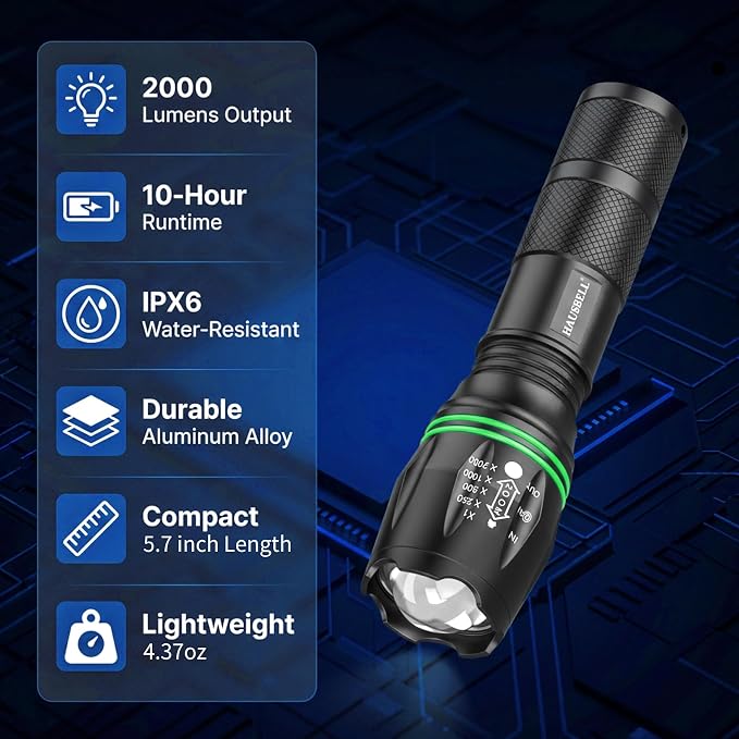 HAUSBELL T8 A100 2000 Lumen Flashlight 4 Pack with Glow-in-Dark Ring, Heavy-Duty Aluminum Tactical Flashlights High Lumens, 5 Modes Zoomable Waterproof LED for Emergency Camping Hiking Home Use