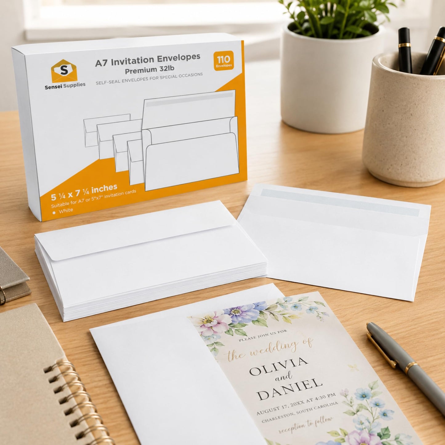 5x7 Envelopes for Invitations - 110 White Envelopes for 5x7 Cards - A7 - (5 ¼ x 7 ¼ inches) - Perfect for Weddings, Graduation, Baby Shower - 120 GSM - Peel, Press & Self Seal - Square Flap